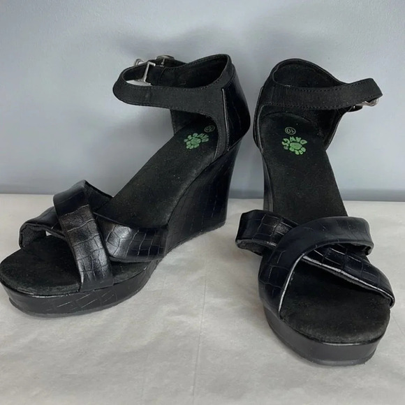 DAWGS Crossover Platform Wedges Black Crocodile Effect Open Toe Summer Size 10 - Picture 5 of 11